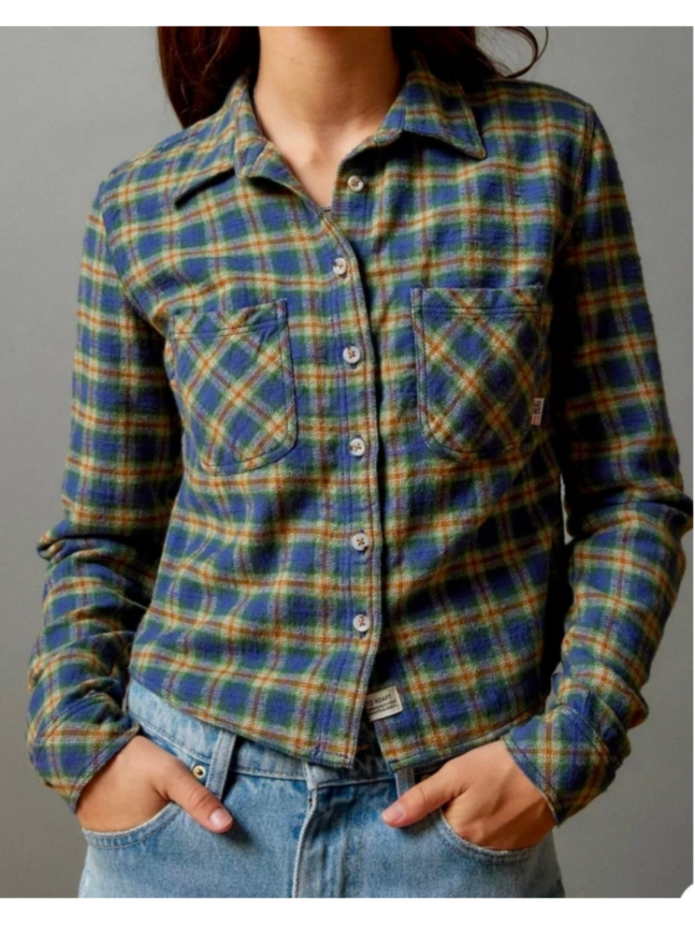 BDG Urban Outfitters Dakota Cropped Flannel Button Down Plaid Shirt Blue Green